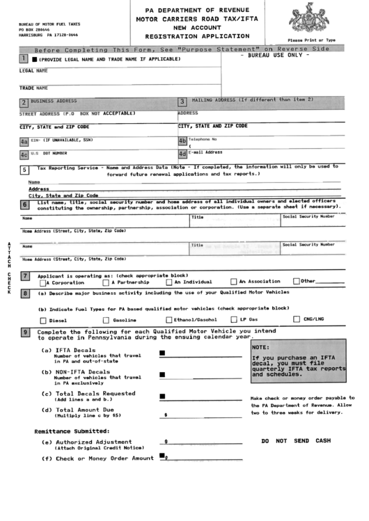Motor Carriers Road Tax/ifta New Account Registration Application Form Printable pdf