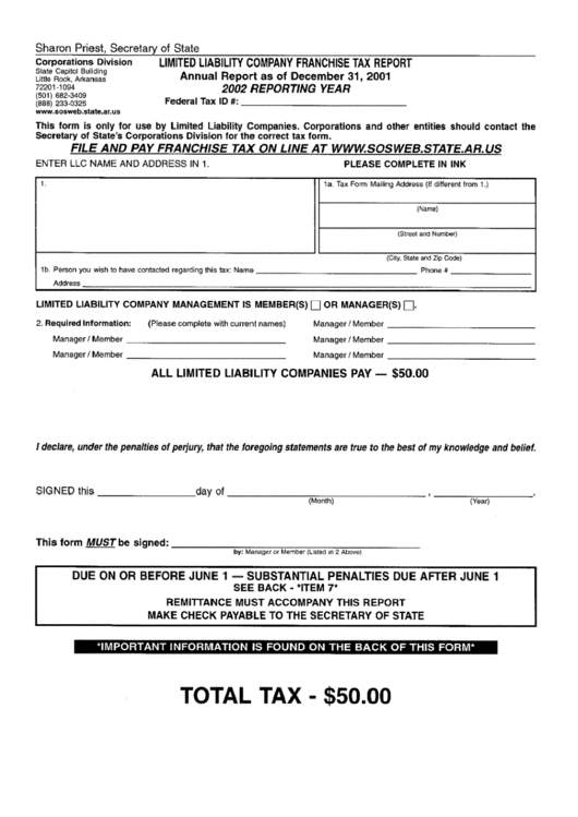 Fillable Limited Liability Company Franchise Tax Report Form Printable pdf