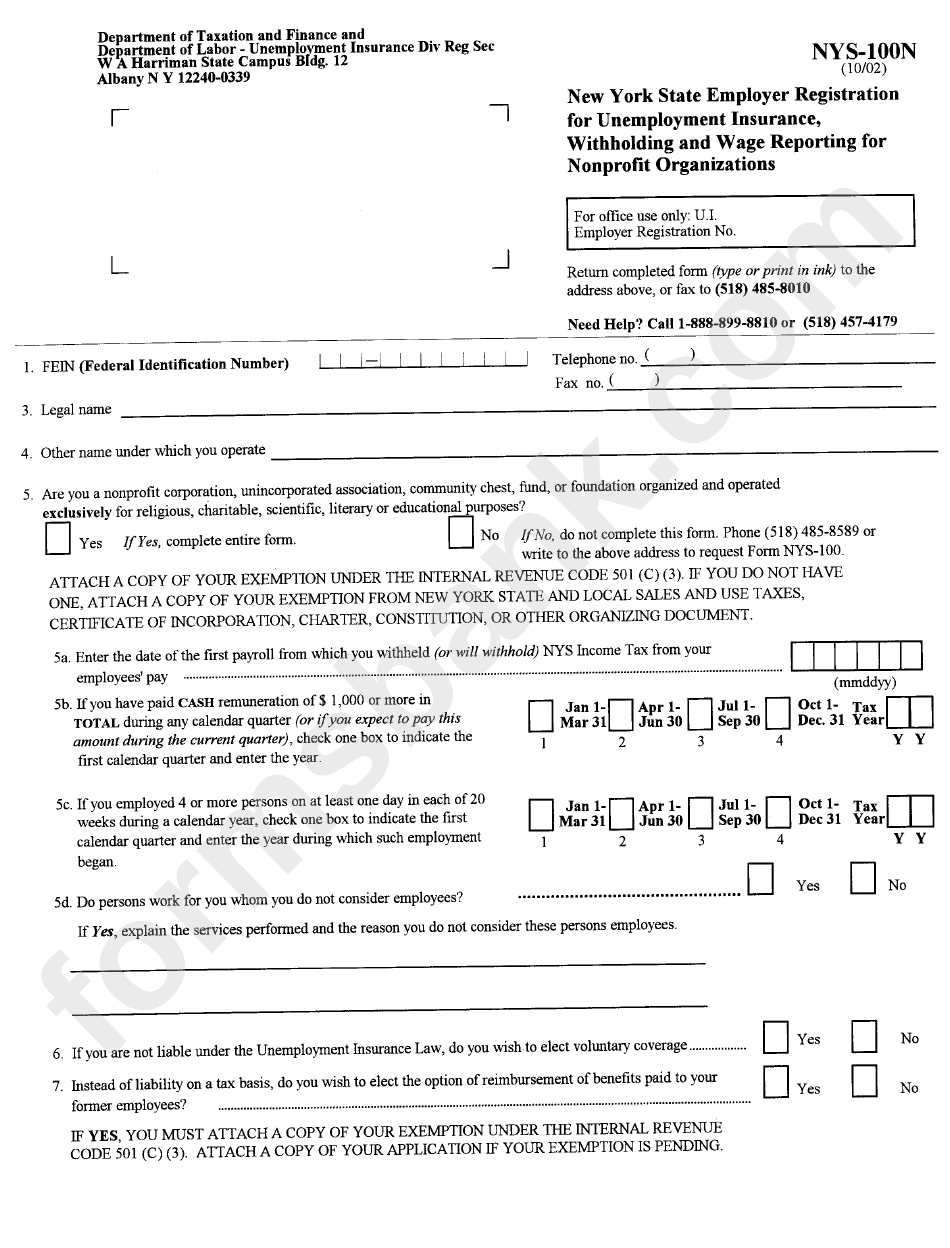 Form Nys-100n - Employer Registration For Unemployment Insurance, Withholding And Wage Reporting For Nonprofit Organizations - 2002