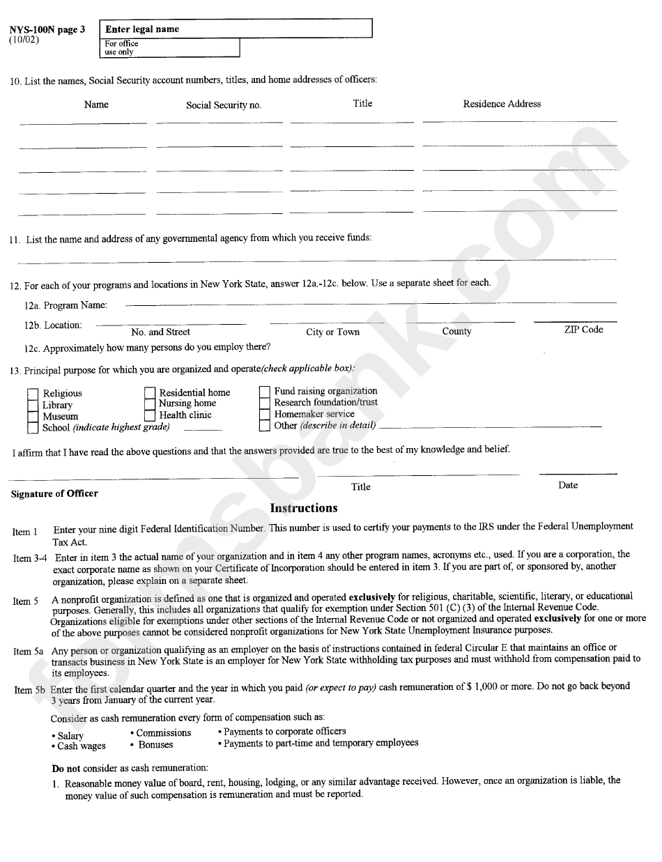 Form Nys-100n - Employer Registration For Unemployment Insurance, Withholding And Wage Reporting For Nonprofit Organizations - 2002