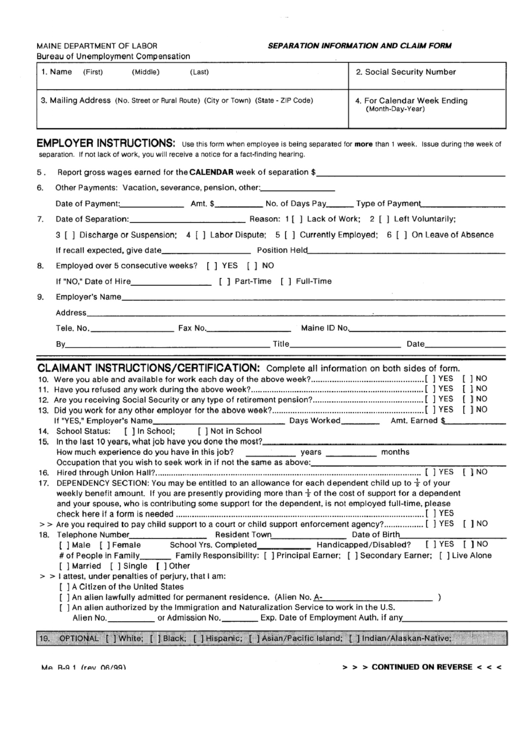 Form B-9 - Separation Information And Claim Form Printable pdf