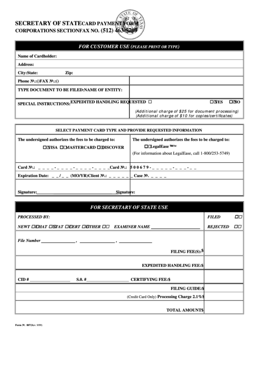 Form 807 - Card Payment Form Printable pdf