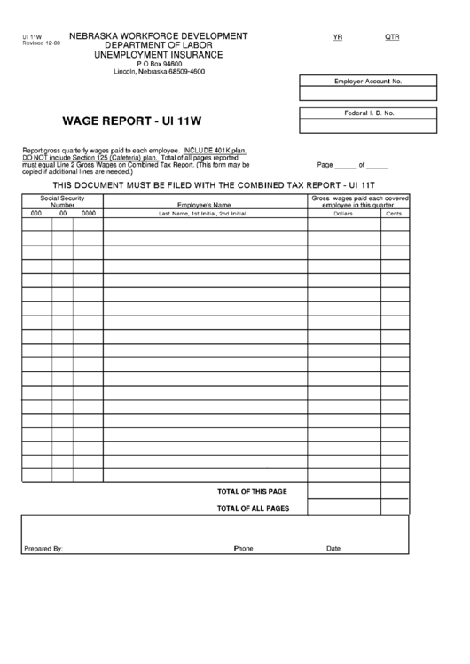Form Ui 11w - Wage Report - 1999 Printable pdf