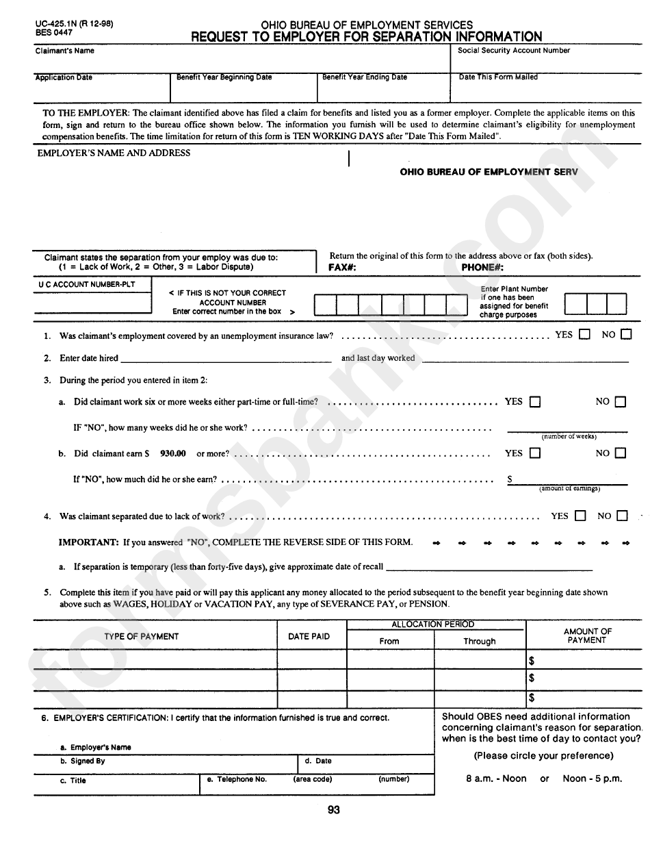 Form Uc-425.1n - Request To Employer For Separation Information