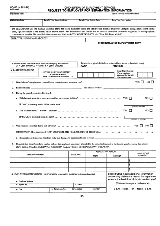 Form Uc-425.1n - Request To Employer For Separation Information Printable pdf