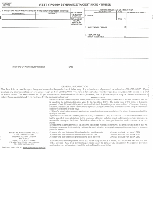 Form Sev-400t - Severance Tax Estimate - Timber - 2005 Printable pdf
