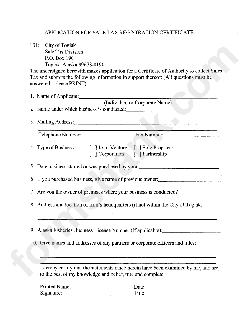 Application For Sale Tax Registration Certificate Form