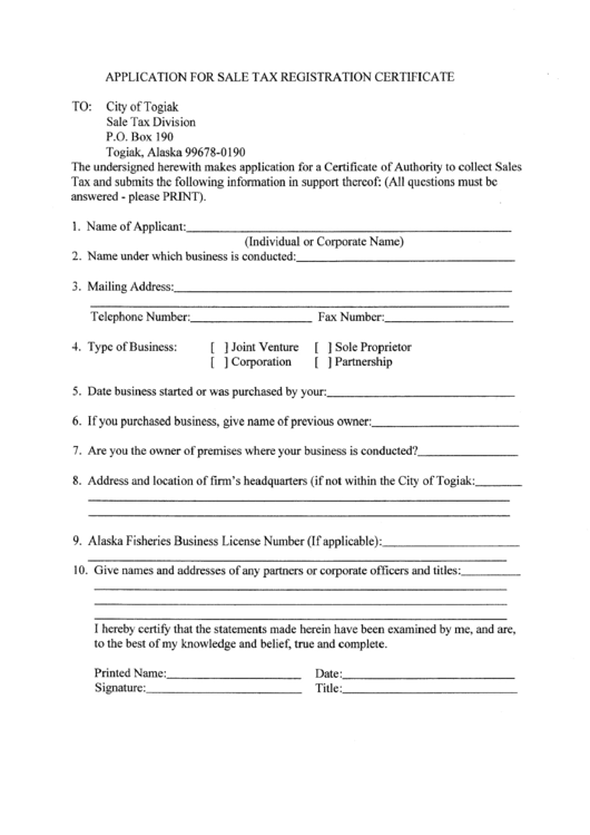 Application For Sale Tax Registration Certificate Form Printable pdf