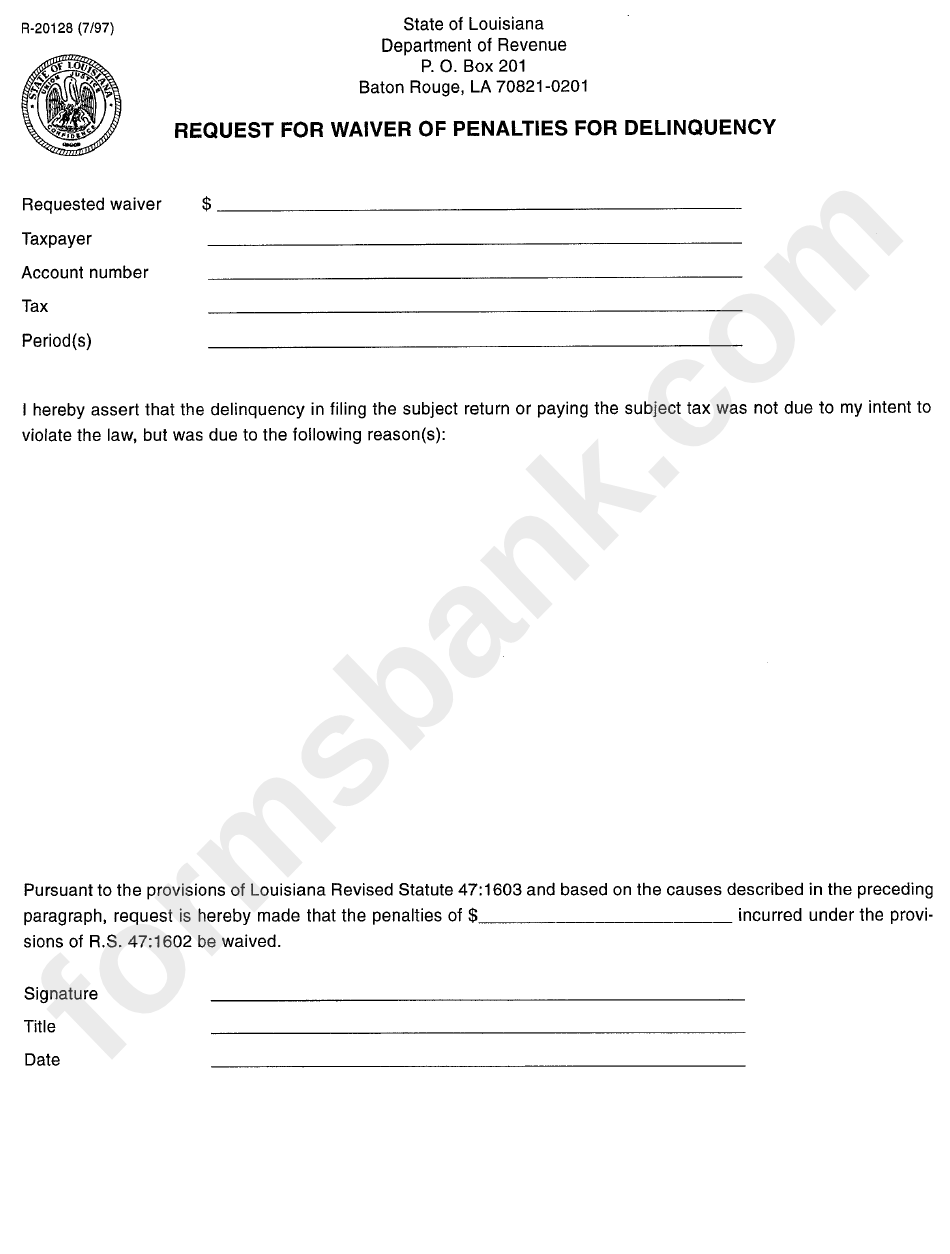Form R-20128 - Request For Waiver Of Penalties For Delinquency