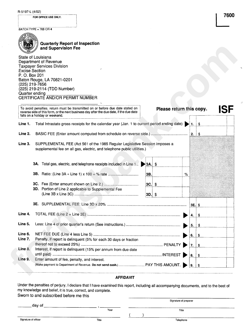 Form R-5197-L - Quarterly Report Of Inspection And Supervision Fee - 2002