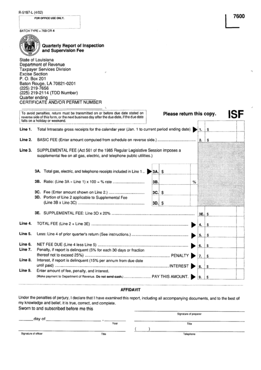 Form R-5197-L - Quarterly Report Of Inspection And Supervision Fee - 2002 Printable pdf