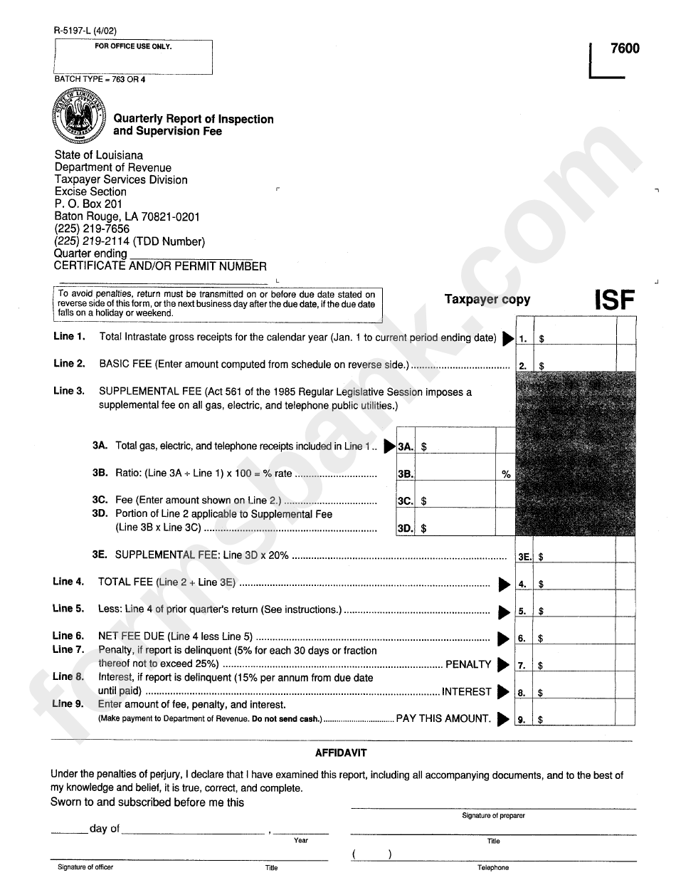 Form R-5197-L - Quarterly Report Of Inspection And Supervision Fee - 2002