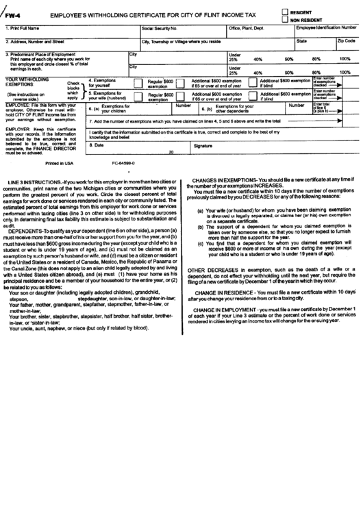 Form Fw-4 - Employer'S Withholding Certificate For City Of Flint Income ...