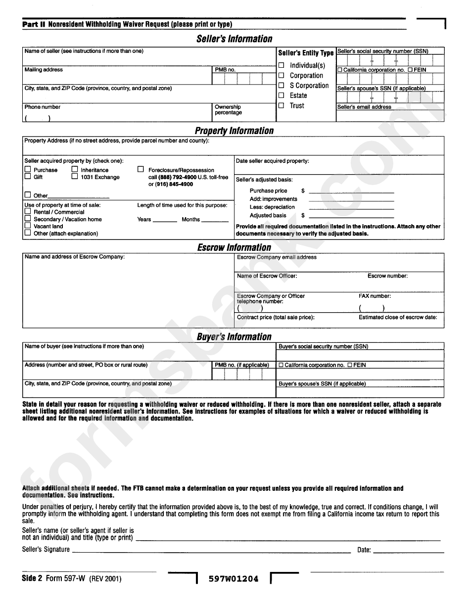 Form 697-W - Withholding Exemption Certificate And Nonresident Waiver Request For Real Estate Sales