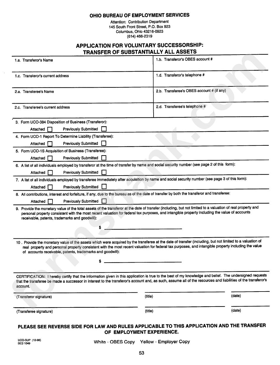 Form Uco-Sup - Application For Voluntary Successorship: Transfer Of Substantially All Assets