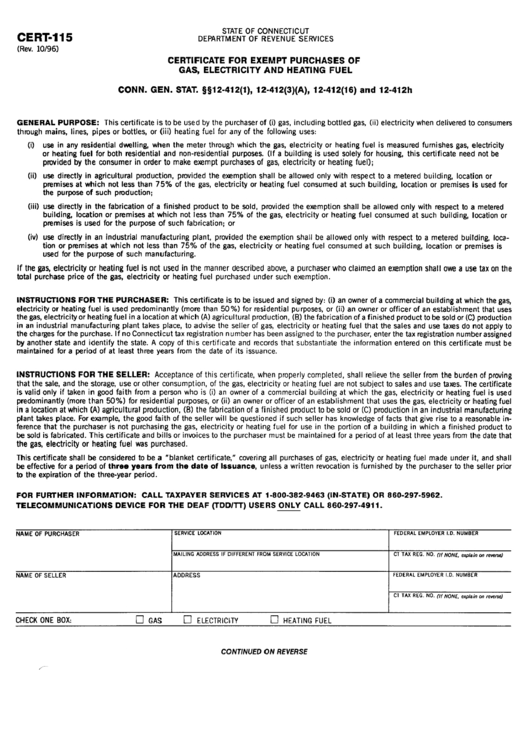 Form Cert-115 - Certificate For Exempt Purchases Of Gas, Electricity And Heating Fuel Printable pdf
