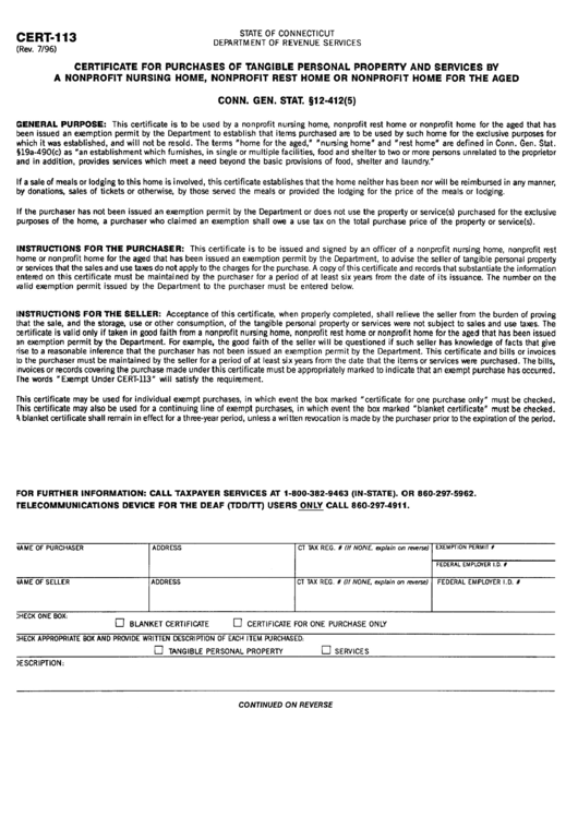 Form Cert-113 - Certificate For Purchases Of Tangible Personal Property And Services By A Nonprofit Nursing Home Printable pdf