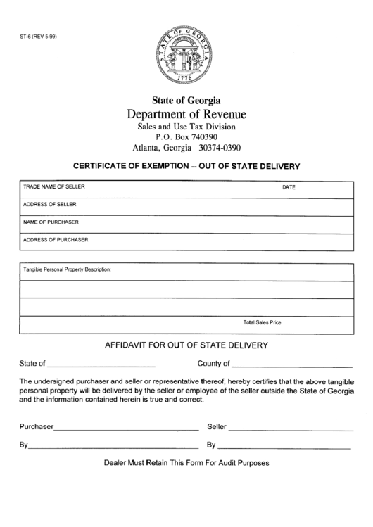 Form St-6 - Certificate Of Exemption Printable pdf