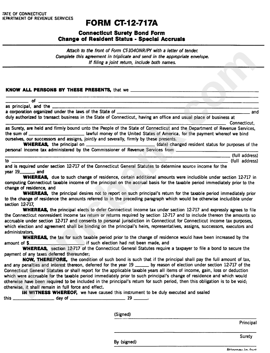 Form Ct-12-717a - Connecticut Surety Bond Form - Change Of Resident Status - Special Accruals