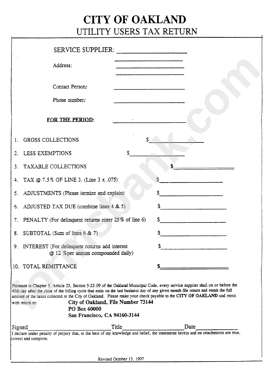 Utility Users Tax Return Form - City Of Oakland