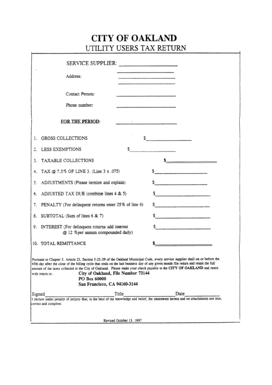 Utility Users Tax Return Form - City Of Oakland Printable pdf