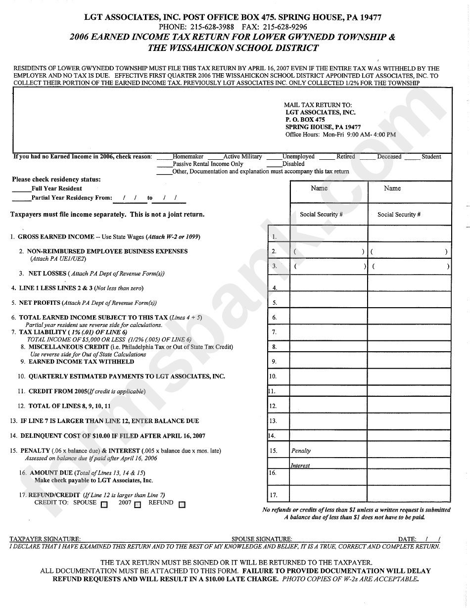 Earned Income Tax Return Form For Lower Gwynedd Township And The Wissahickon School District