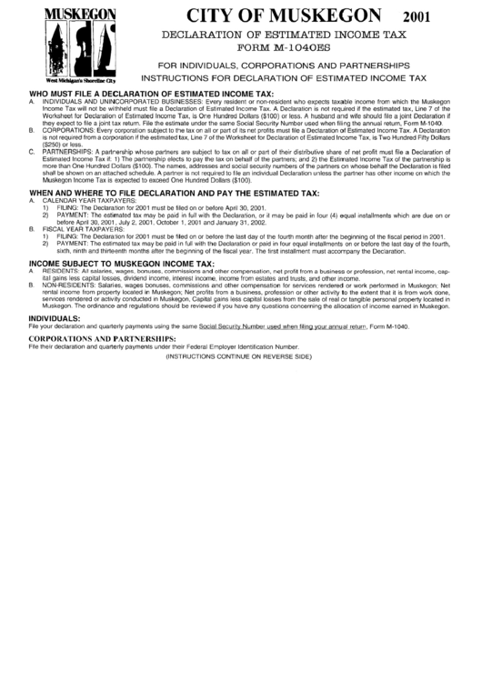 Form M-1040es - Declaration Of Estimated Income Tax Form - City Of Muskegon - 2001 Printable pdf