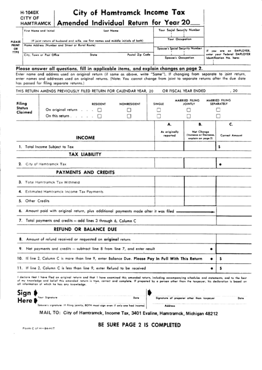 Form H-1040x - Amended Individual Return Printable pdf