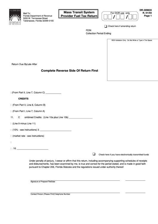 Form Dr 309633 - Mass Transit System Provider Fuel Tax Return Printable pdf