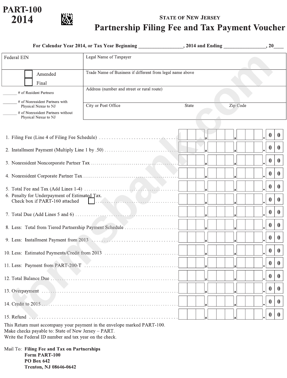 Form Part-100 - Partnership Filing Fee And Tax Payment Voucher - 2014