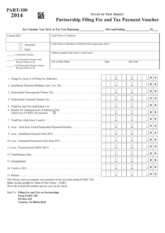 Fillable Form Part-100 - Partnership Filing Fee And Tax Payment Voucher - 2014 Printable pdf