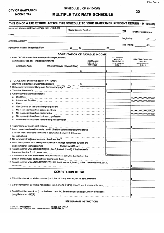 Fillable Form H-1040r - Schedule L - Multiple Tax Rate Schedule - 1998 Printable pdf