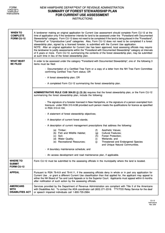 Form Cu-12 - Summary Of Forest Stewardship Plan For Current Use Assessment Instructions Printable pdf