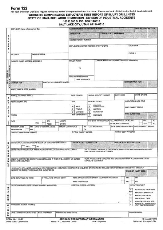 Form 122 - Workers Compensation Employers First Report Of Injury Or Illness Printable pdf