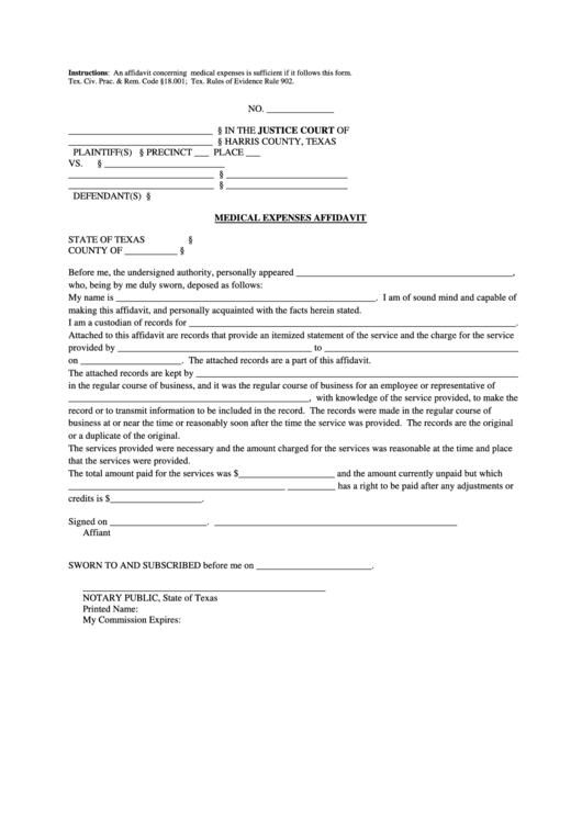 Medical Expenses Affidavit Form Printable pdf