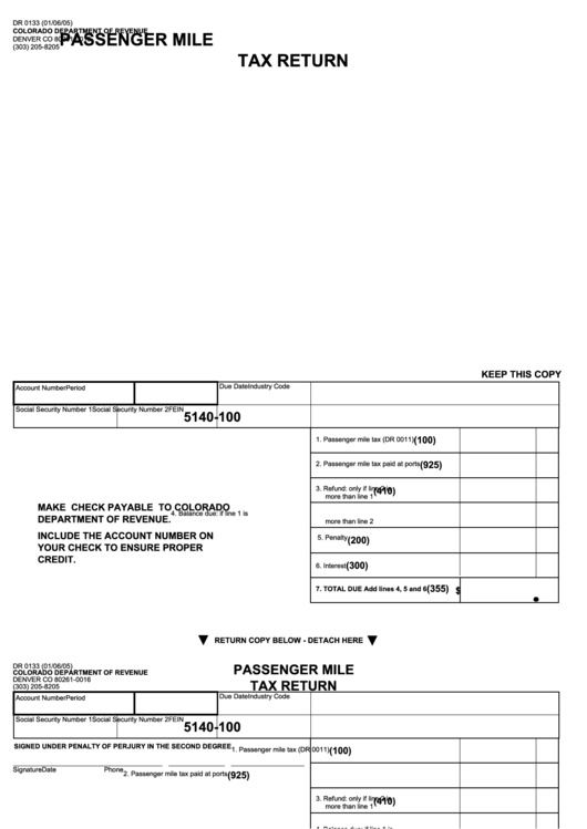 Form Dr 0133 - Passenger Mile Tax Return Printable pdf