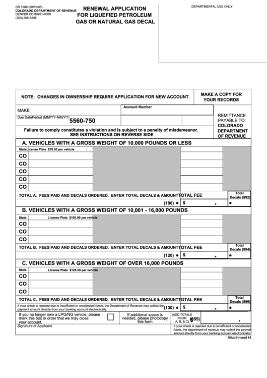 Form Dr 1689 - Renewal Application For Liquefied Petroleum Gas Or Natural Gas Decal Printable pdf