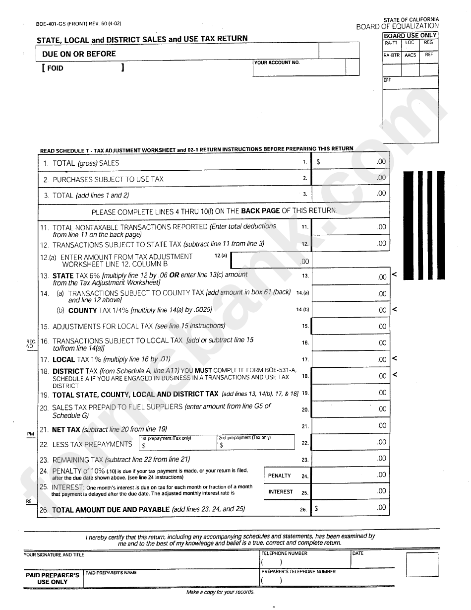 Form Boe-401-Gs - State, Local And District Sales And Use Tax Return - California Board Of Equalization