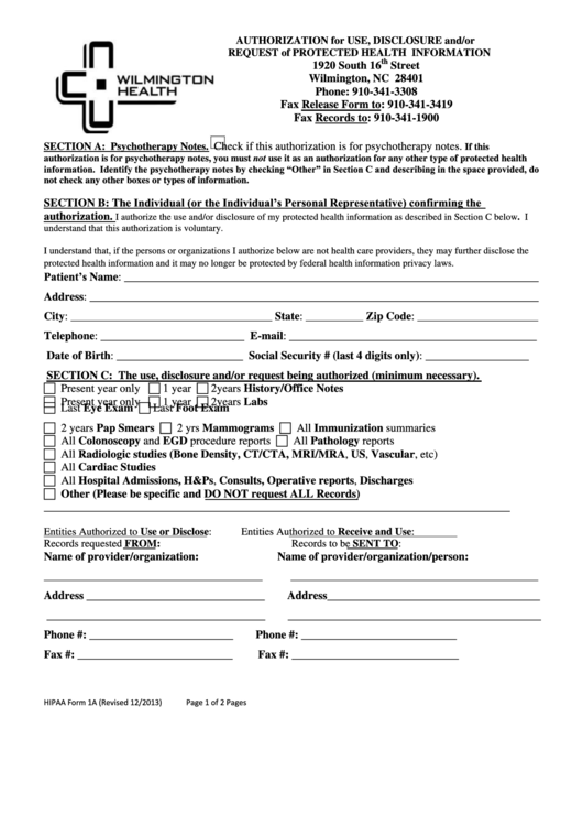 Hipaa Form 1a - Authorization To Release Medical Records - 2013 Printable pdf