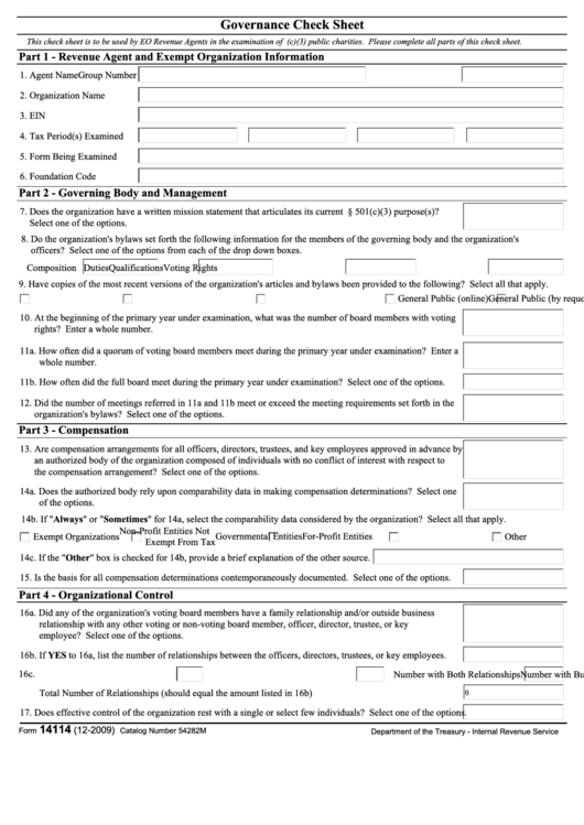 Fillable Form 14114 - Governance Check Sheet Printable pdf
