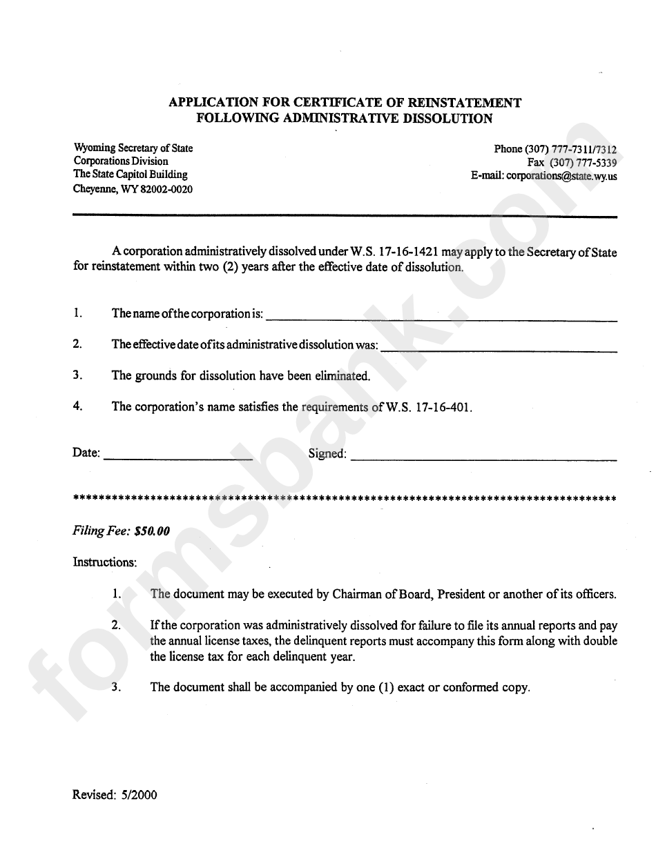 Application For Certificate Of Reinstatement Following Administrative Dissolution Form - Wyoming Secretary Of State