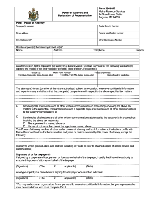 Form 2848-Me - Power Of Attorney And Declaration Of Representative - Maine Revenue Services Printable pdf
