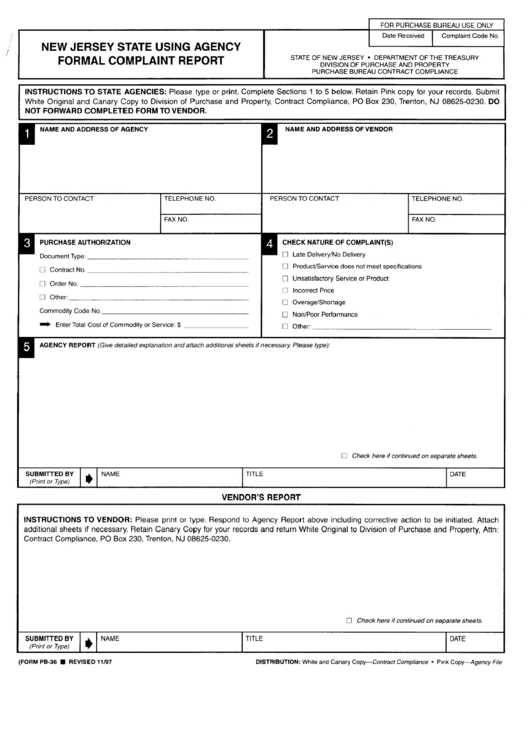 Form Pb-36 - New Jersey State Using Agency Formal Complaint Report Printable pdf
