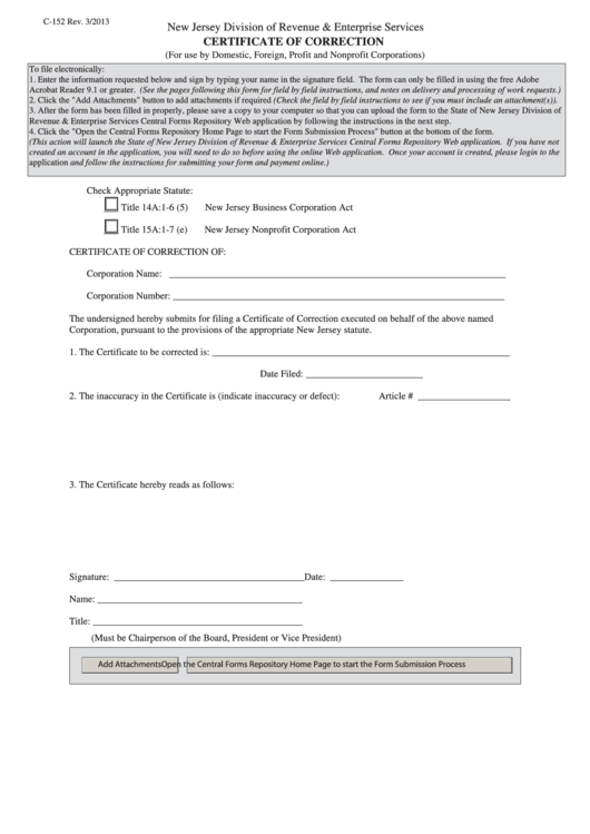 Form C-152 - Certificate Of Correction - 2013 Printable pdf