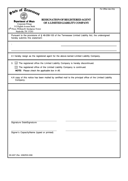 Form Ss-4227 - Form For Resignation Of Registered Agent Of A Limited Liability Company - Tennessee Printable pdf