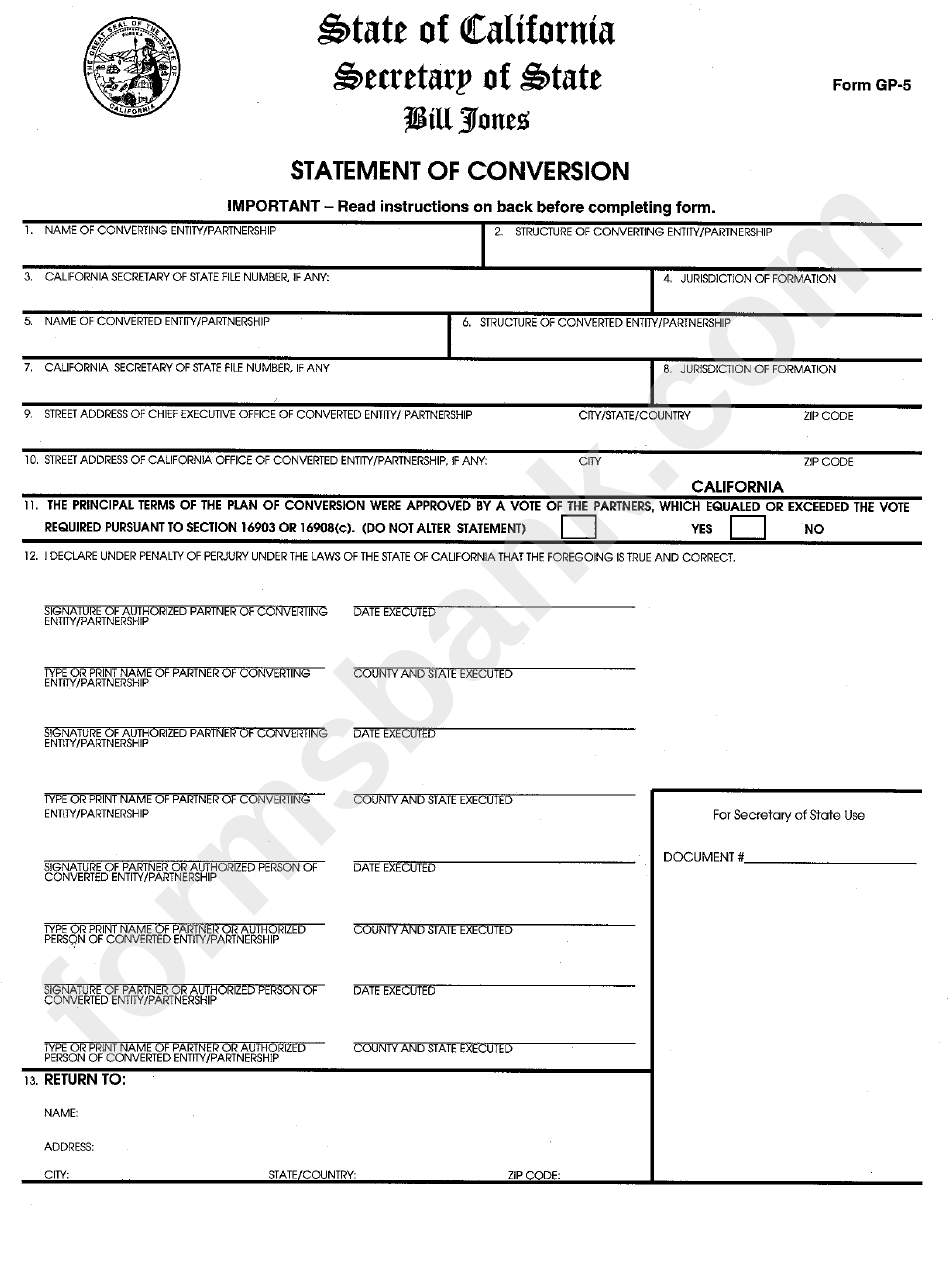 Form Gp-5 - Statement Of Conversion