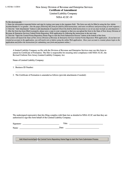 Form L-102 - Certificate Of Amendment Printable pdf
