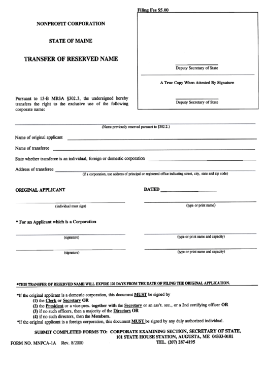 Form Mnpca-1a - Form For Transfer Of Reserved Name Printable pdf