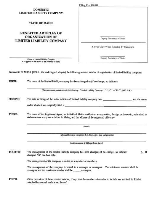 Form Mllc-6a - Form For Rest A Ted Articles Of Organization Of Limited Liability Company Printable pdf
