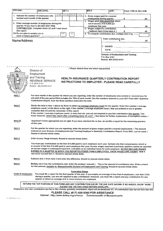 Health Insurance Quarterly Contribution Report Form - Instructions To Employer Printable pdf